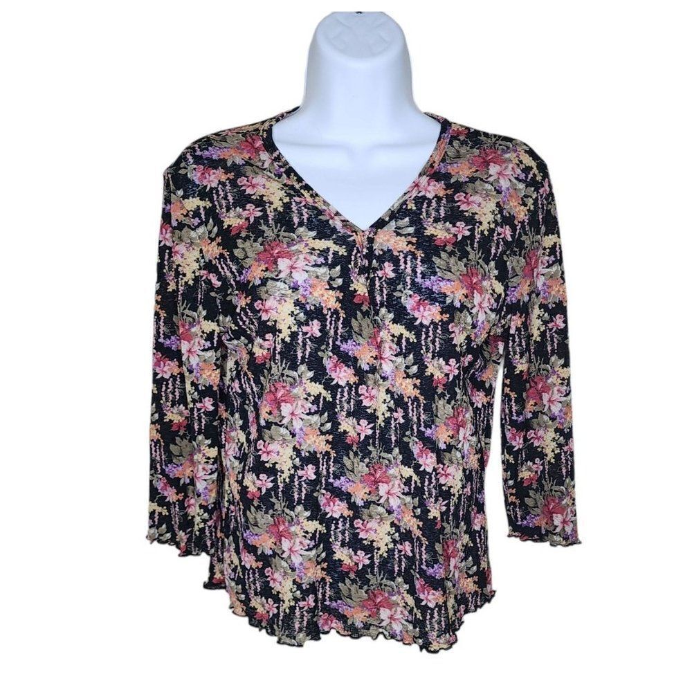 Vintage 90s Stretch Shirt Top Womens Size XS Black Floral Base Layer